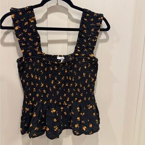 Ganni Black and Orange Floral Ruffle Top